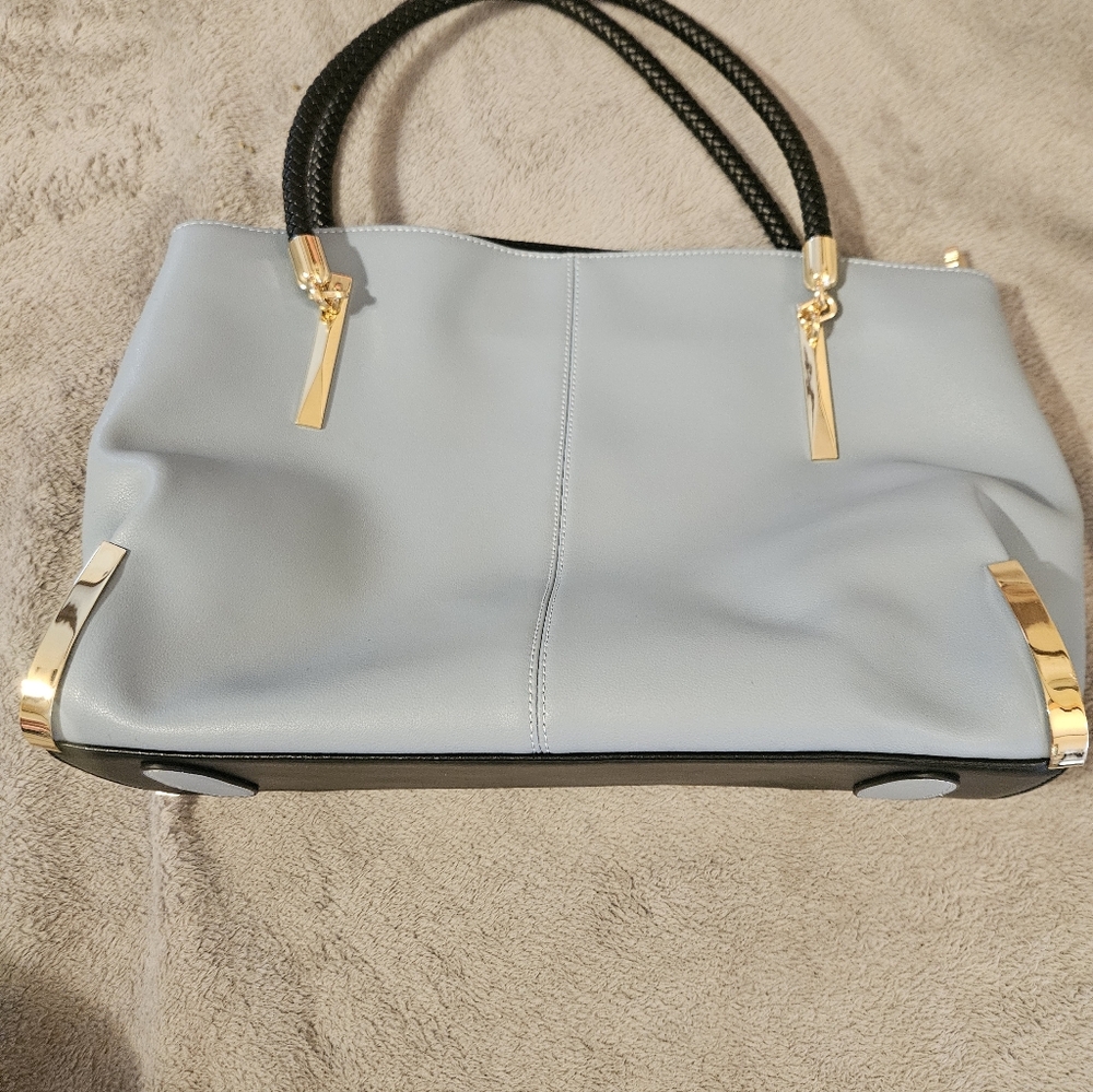 Foxer Elegant Blue and Black Handbag with Gold Accents